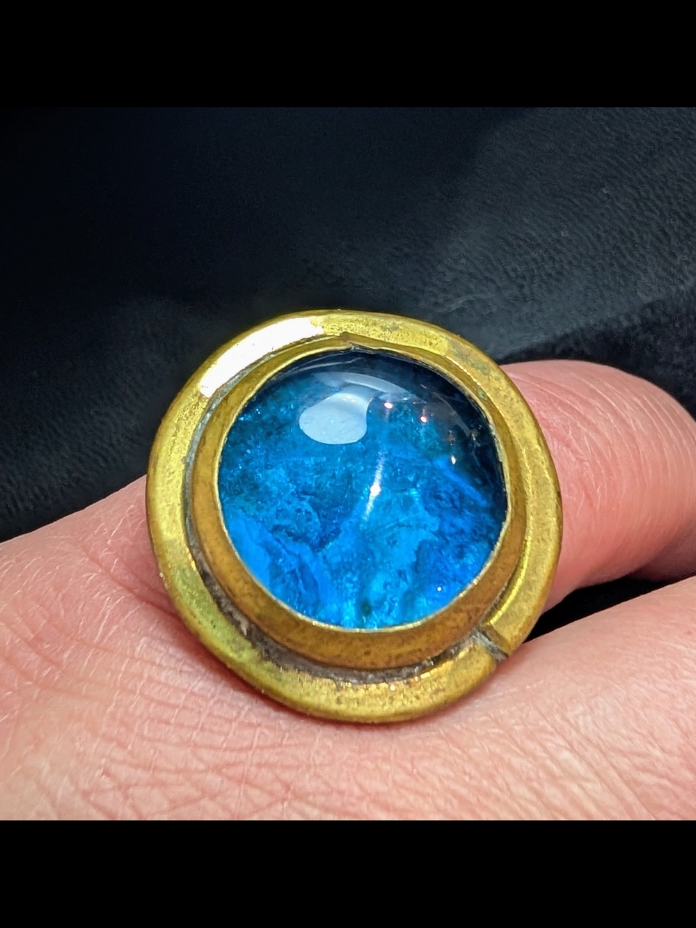 Vintage Gold-Tone Rafael Alafandary Brass Ring with Vibrant Blue Glass Cabochon